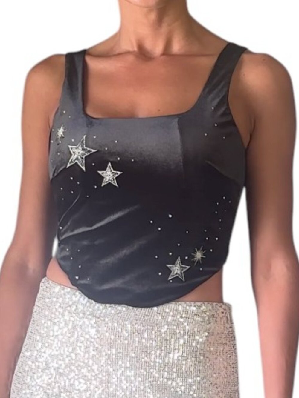 Victoria's Secret Black Velvet Bustier Corset Top Silver Star Embroidery Size S